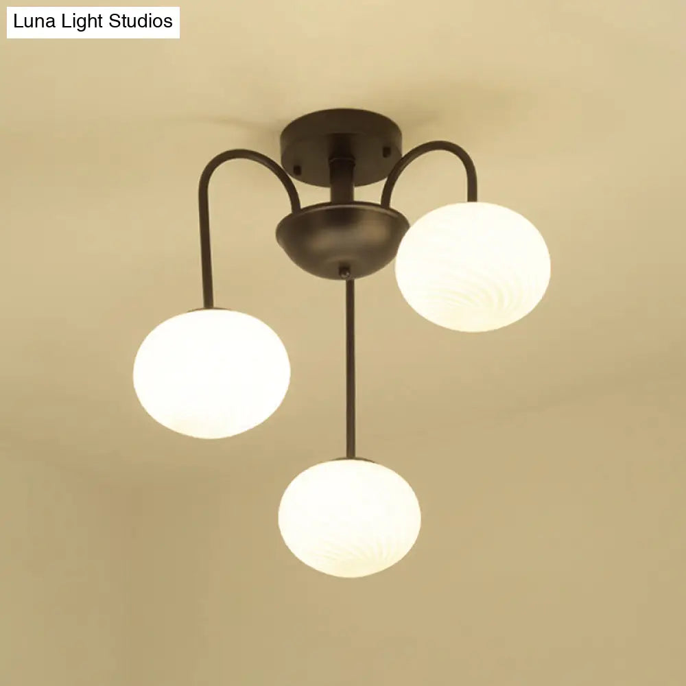 Modern Frosted Glass Semi Flush Light With 3 Black/White Lights And Curved Arm For Ceiling Mounting