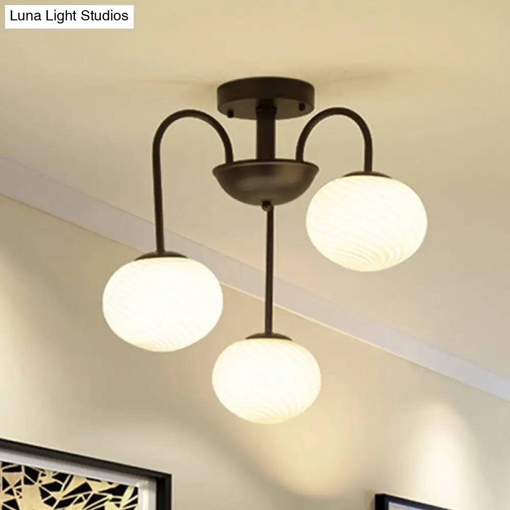 Modern Frosted Glass Semi Flush Light With 3 Black/White Lights And Curved Arm For Ceiling Mounting