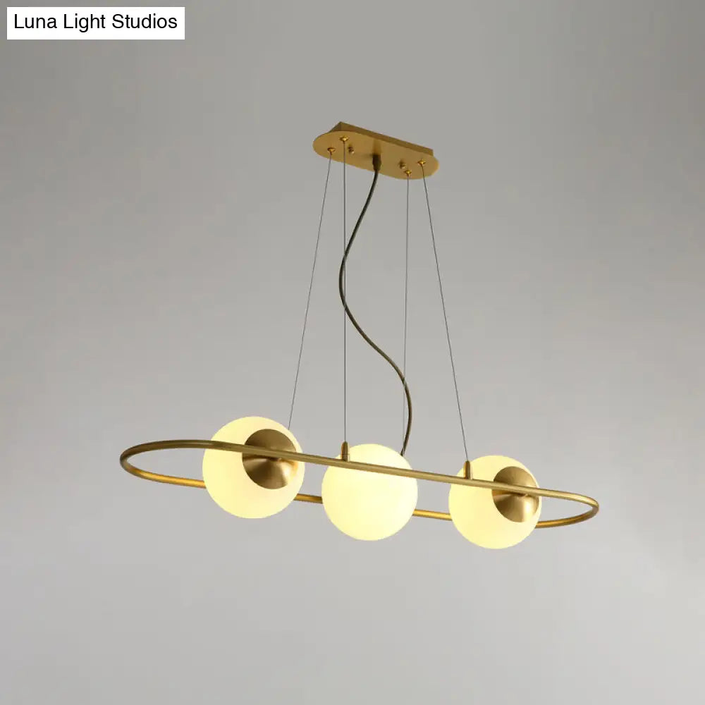 Modern Frosted Glass Sphere Chandelier With Brass Oval Ring - 3-Light Hanging Ceiling Lamp For