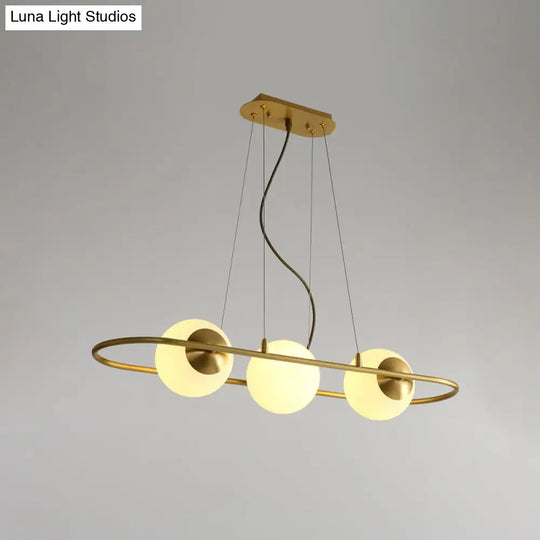 Modern Frosted Glass Sphere Chandelier With Brass Oval Ring - 3-Light Hanging Ceiling Lamp For