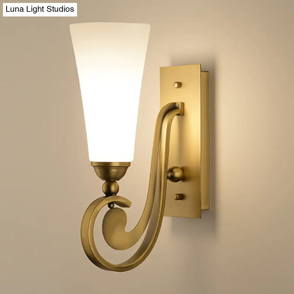 Modern Frosted Glass Wall Light With Golden Curved Arm - Tapered Head Mount