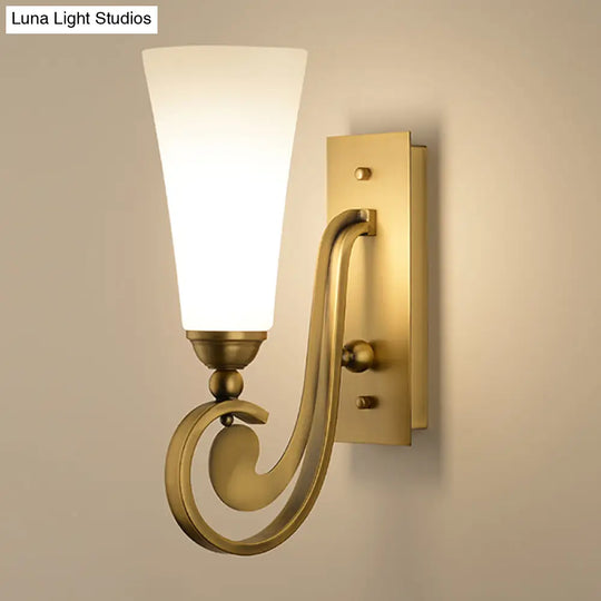 Modern Frosted Glass Wall Light With Golden Curved Arm - Tapered Head Mount