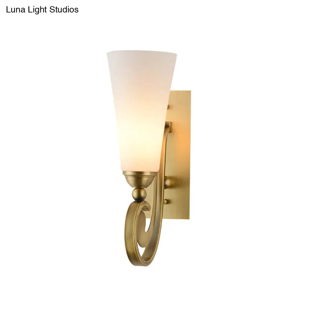 Modern Frosted Glass Wall Light With Golden Curved Arm - Tapered Head Mount