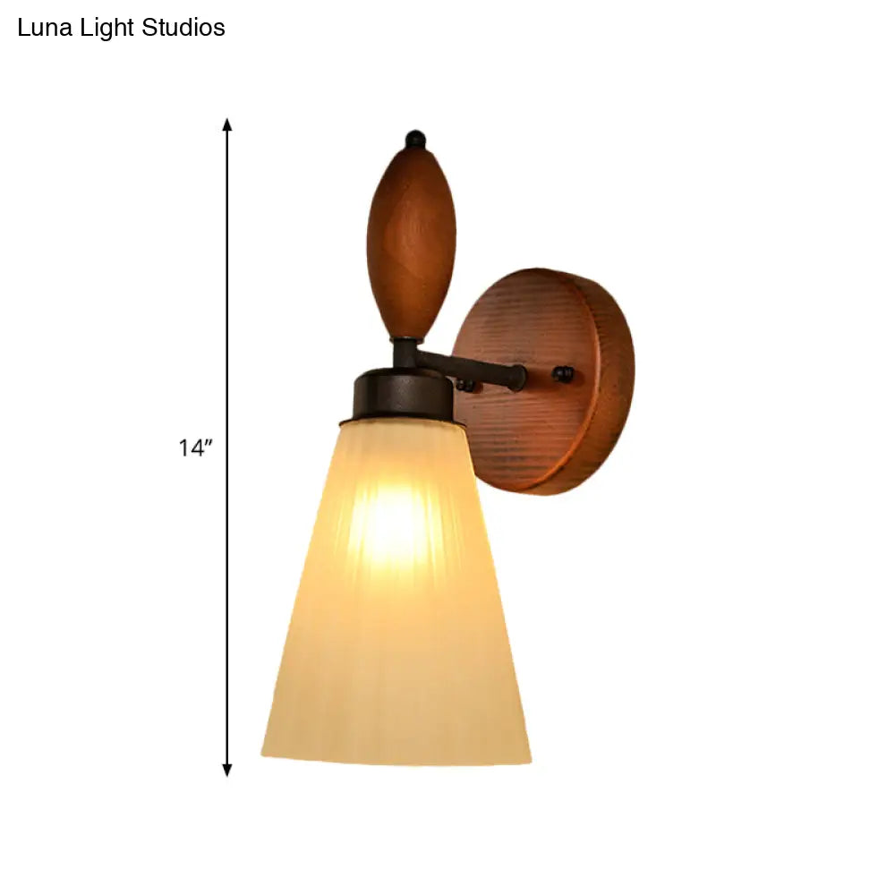 Modern Frosted Glass Wall Mounted Lamp - Stylish 1-Light Red Brown Sconce With Wooden Backplate