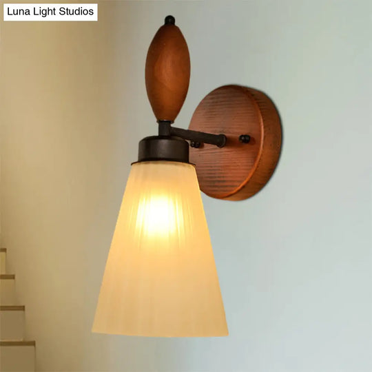 Modern Frosted Glass Wall Mounted Lamp - Stylish 1-Light Red Brown Sconce With Wooden Backplate