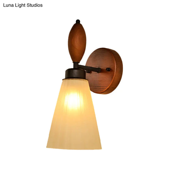 Modern Frosted Glass Wall Mounted Lamp - Stylish 1-Light Red Brown Sconce With Wooden Backplate