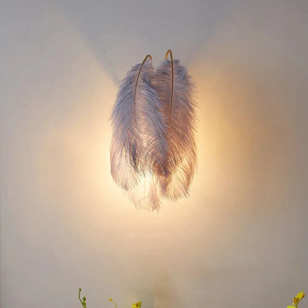 Modern Furry Goose Feather Wall Lamp - Sleek Single-Bulb Sconce Light For Living Room (Grey/White)