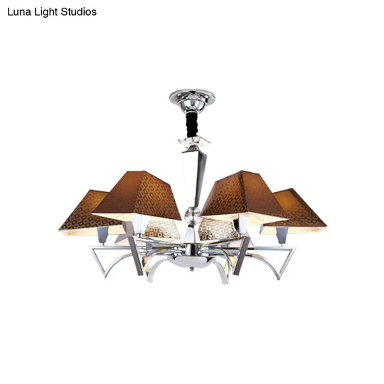 Modern Geometric Ceiling Chandelier - 6-Light Brown Pendant Lamp Fixture With Chrome Arm