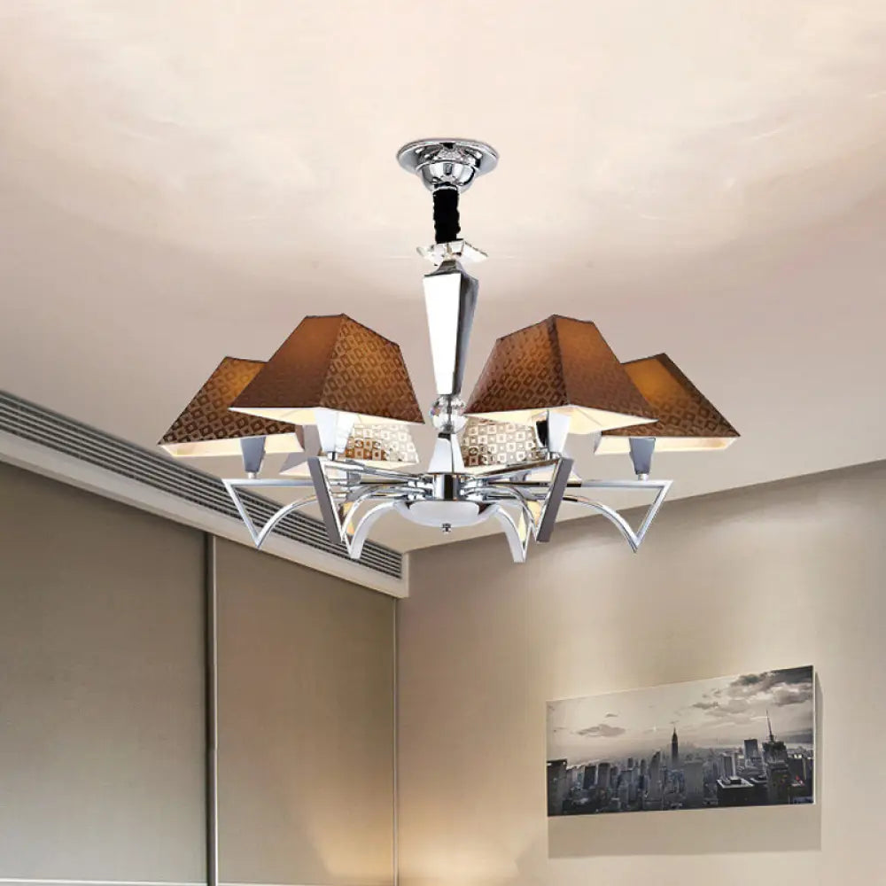 Modern Geometric Ceiling Chandelier - 6-Light Brown Pendant Lamp Fixture With Chrome Arm