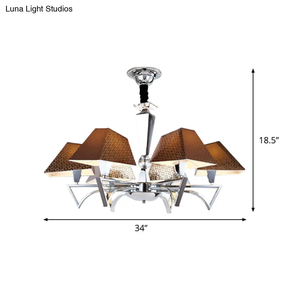 Modern Geometric Fabric Ceiling Chandelier - Brown Pendant Lamp With Chrome Arm (6 Lights)