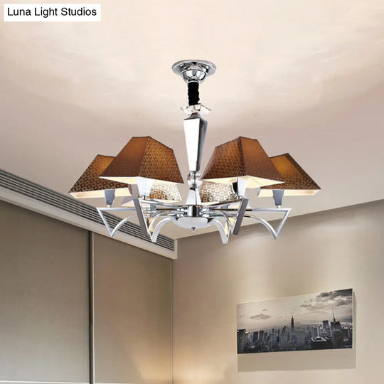 Modern Geometric Fabric Ceiling Chandelier - Brown Pendant Lamp With Chrome Arm (6 Lights)