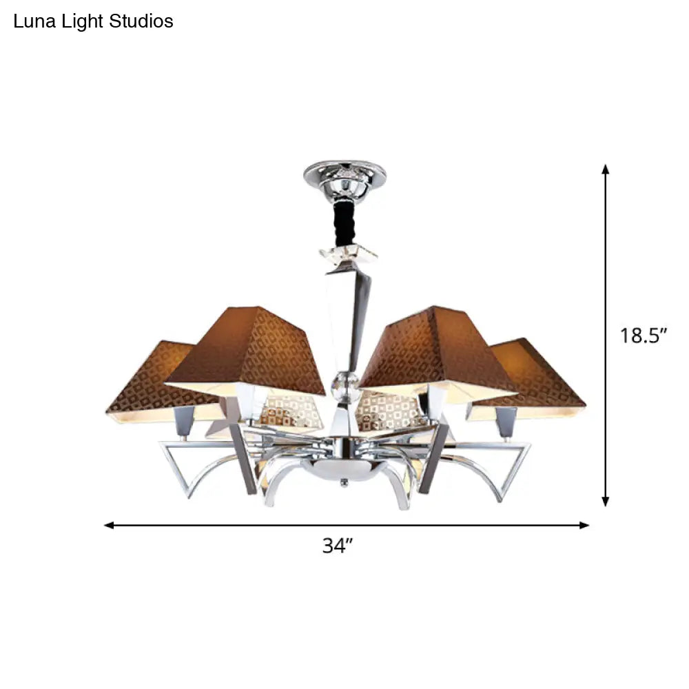 Modern Geometric Ceiling Chandelier - 6-Light Brown Pendant Lamp Fixture With Chrome Arm