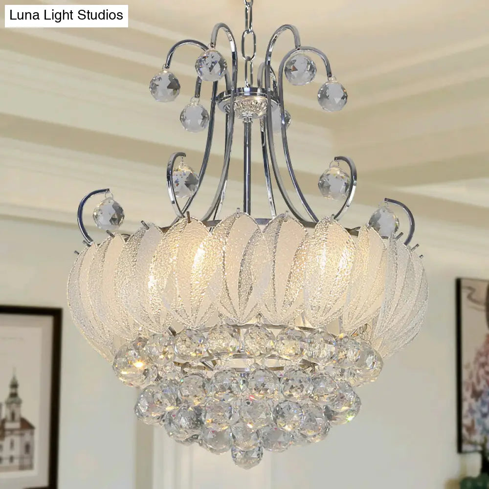 Contemporary Geometric Ceiling Chandelier With Chrome Finish Glass And Crystal Decoration - 4-Bulb