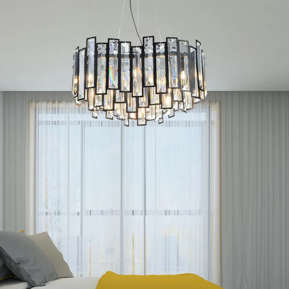 Modern Geometric Crystal Block Chandelier With Black Metal Frame - 12 Light Ceiling For Bedroom