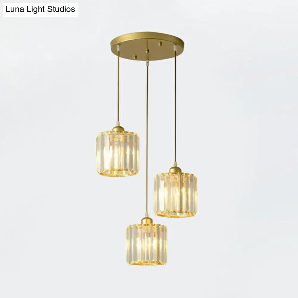 Postmodern Clear Crystal Block Pendant Light - 3-Light Hanging Fixture For Living Room Ceiling Gold