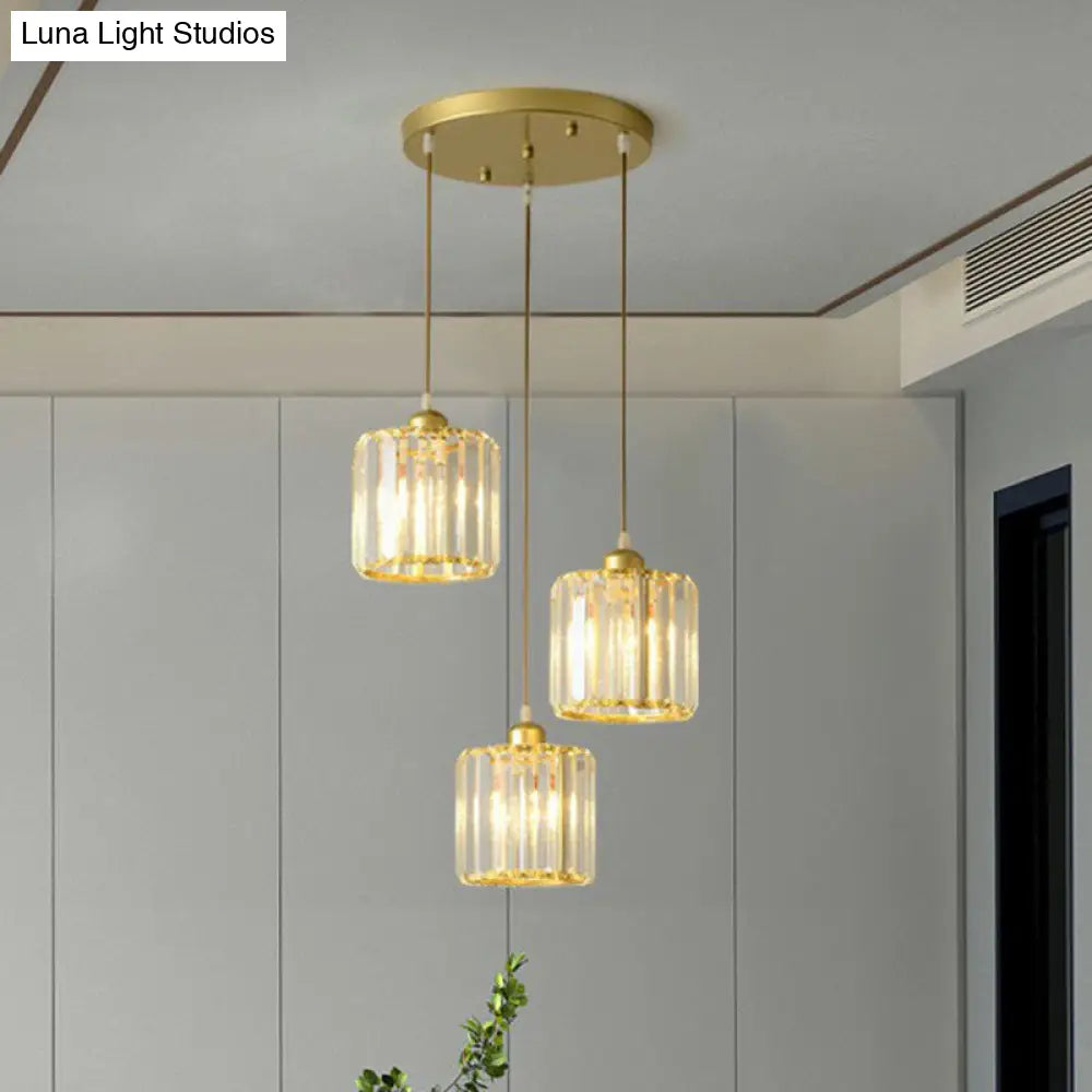 Postmodern Clear Crystal Block Pendant Light - 3-Light Hanging Fixture For Living Room Ceiling