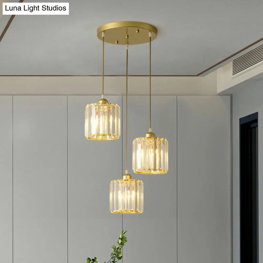 Postmodern Clear Crystal Block Pendant Light - 3-Light Hanging Fixture For Living Room Ceiling