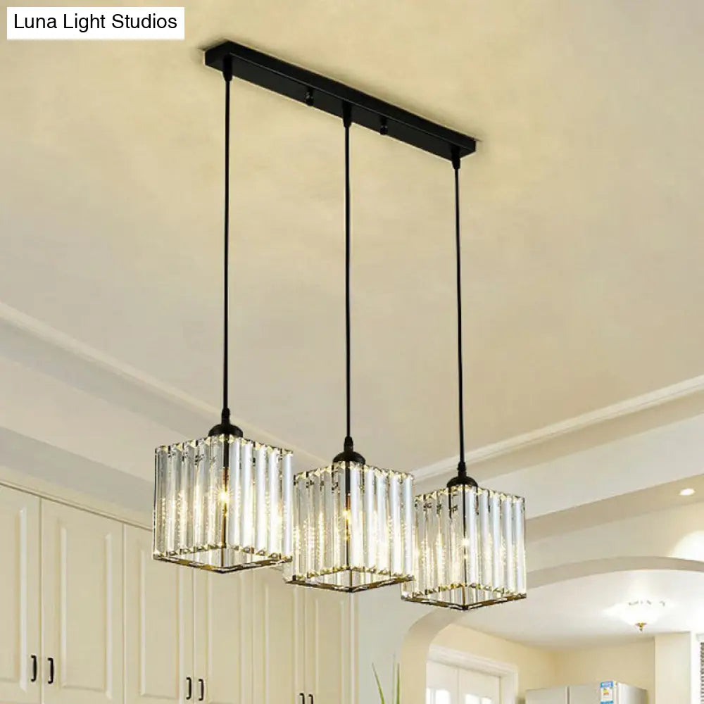 Postmodern Clear Crystal Block Pendant Light - 3-Light Hanging Fixture For Living Room Ceiling