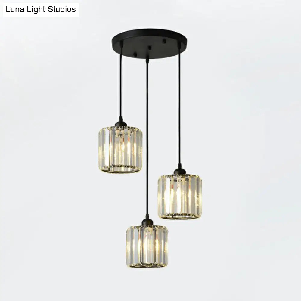 Postmodern Clear Crystal Block Pendant Light - 3-Light Hanging Fixture For Living Room Ceiling Black