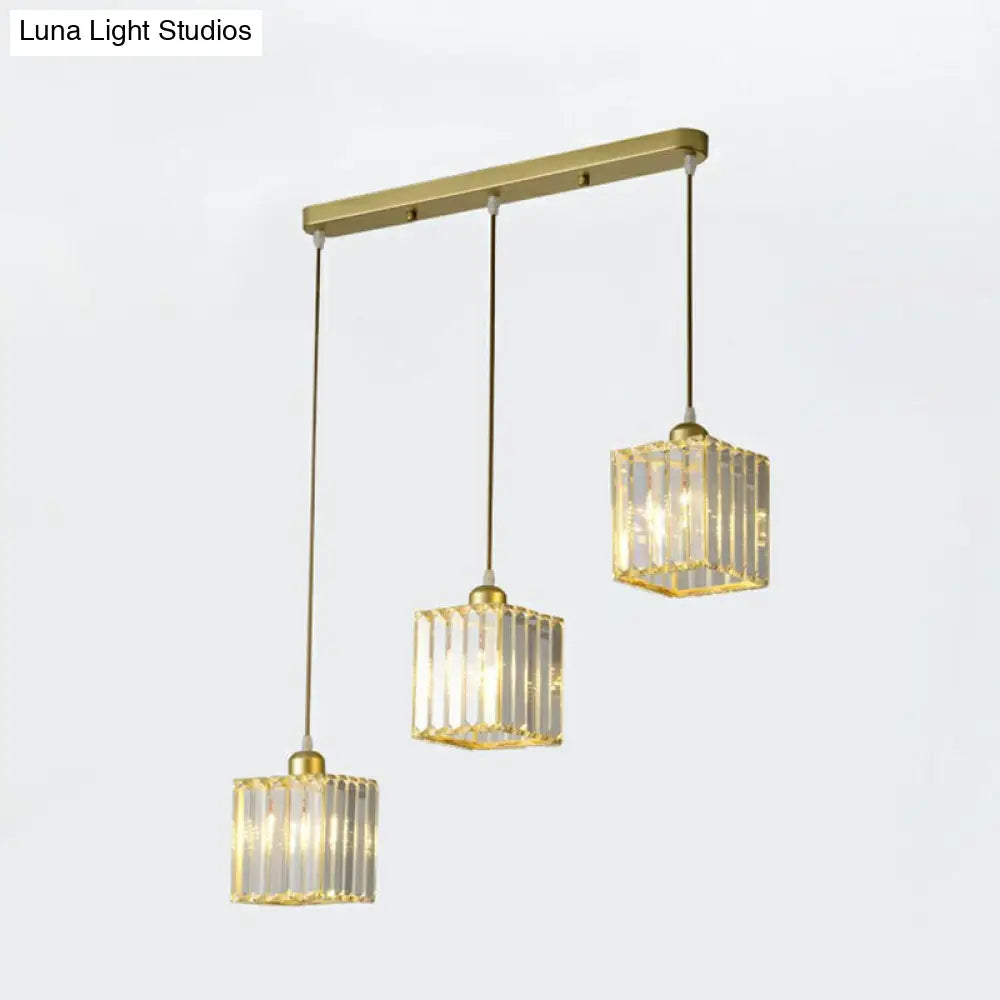 Postmodern Clear Crystal Block Pendant Light - 3-Light Hanging Fixture For Living Room Ceiling Gold