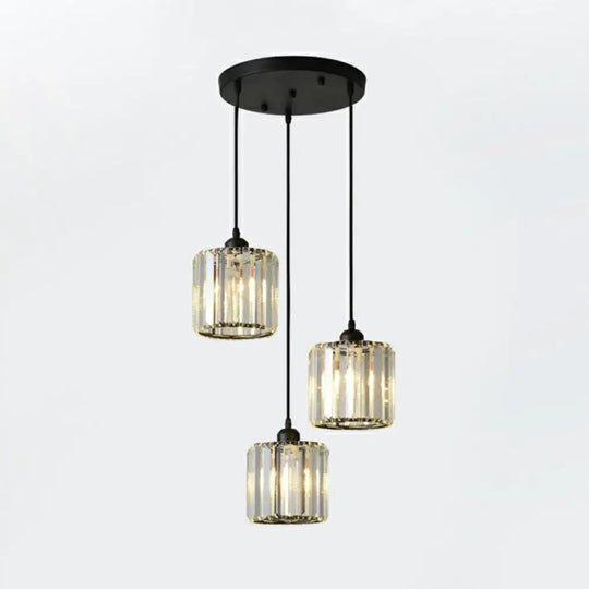 Modern Geometric Crystal Block Pendant Light - 3-Light Ceiling Fixture For Living Room Black / Round