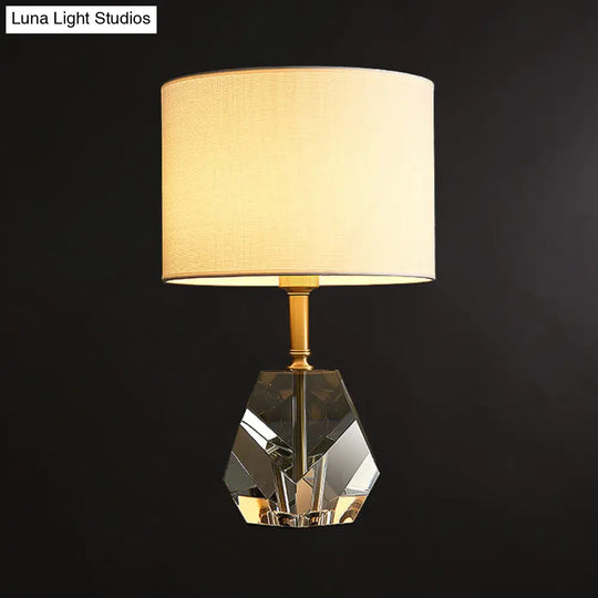 Modern Geometric Desk Lamp With Crystal Accents - Sleek White Table Light Fabric Shade