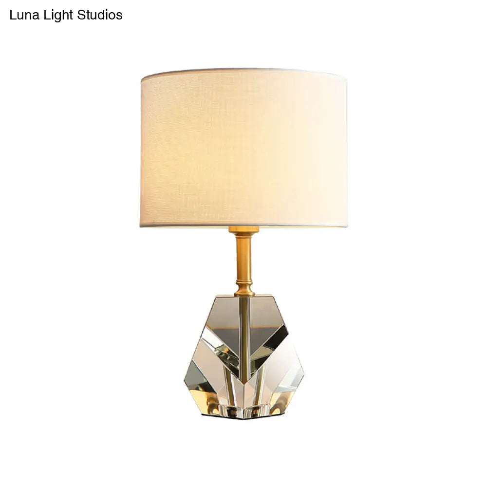 Modern Geometric Desk Lamp With Crystal Accents - Sleek White Table Light Fabric Shade