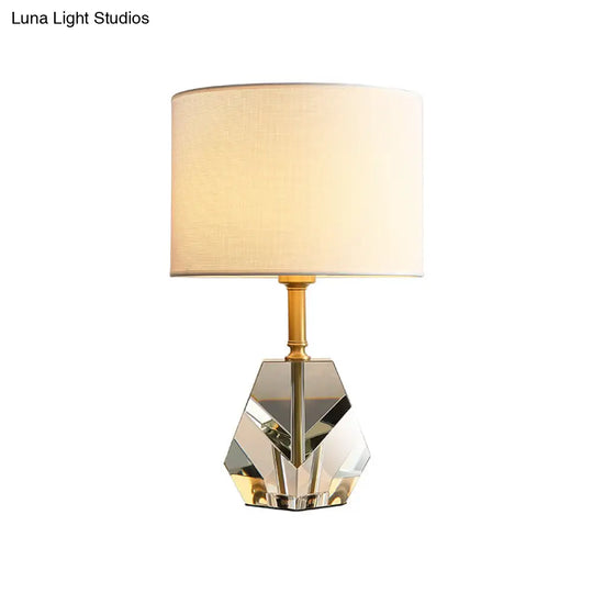 Modern Geometric Desk Lamp With Crystal Accents - Sleek White Table Light Fabric Shade