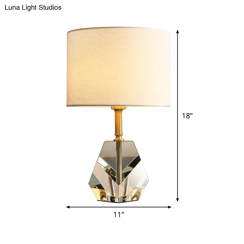 Modern Geometric Desk Lamp With Crystal Accents - Sleek White Table Light Fabric Shade