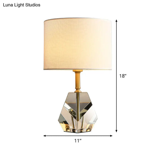 Modern Geometric Desk Lamp With Crystal Accents - Sleek White Table Light Fabric Shade