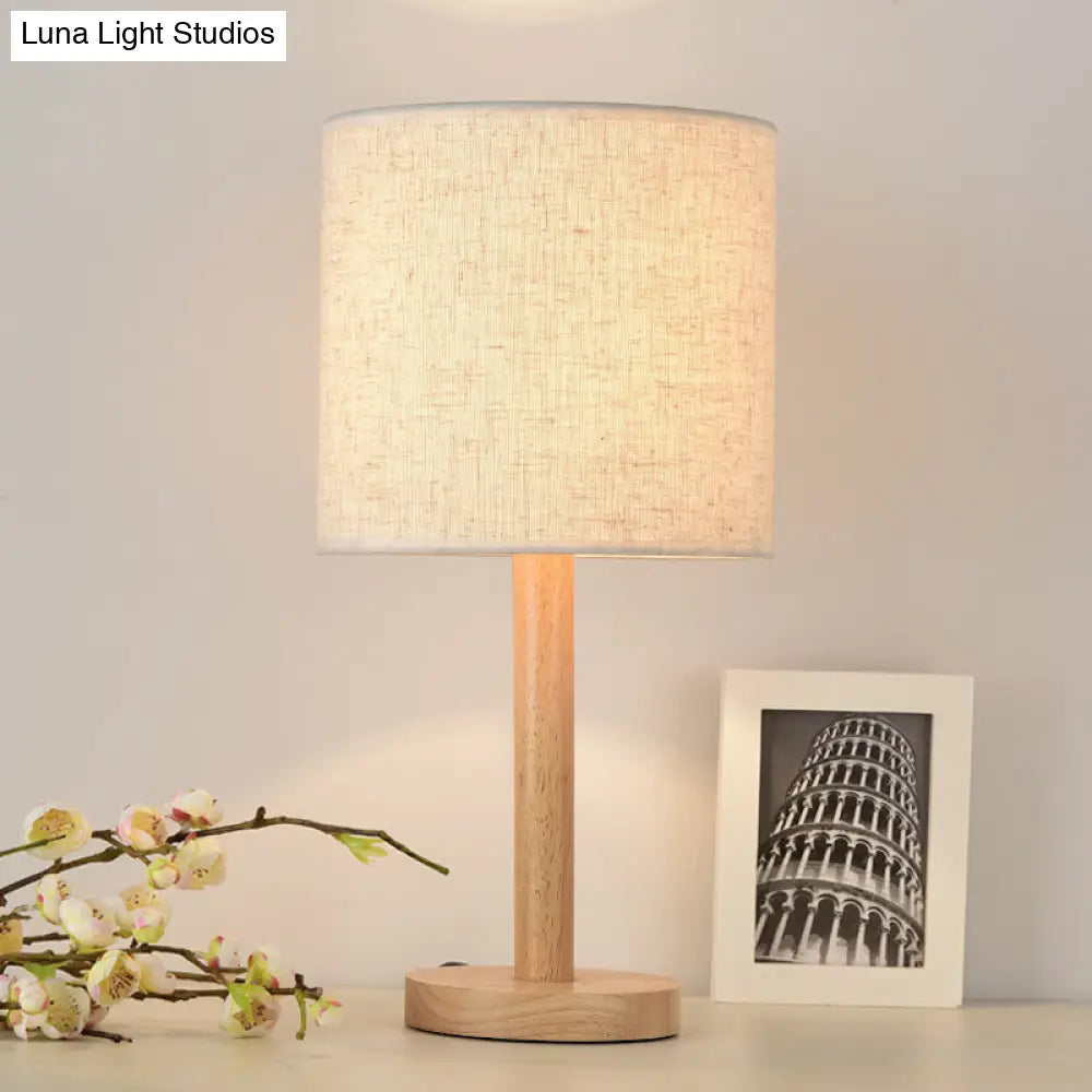 Modern Geometric Fabric Table Lamp With Wooden Base - Single White Nightstand Light