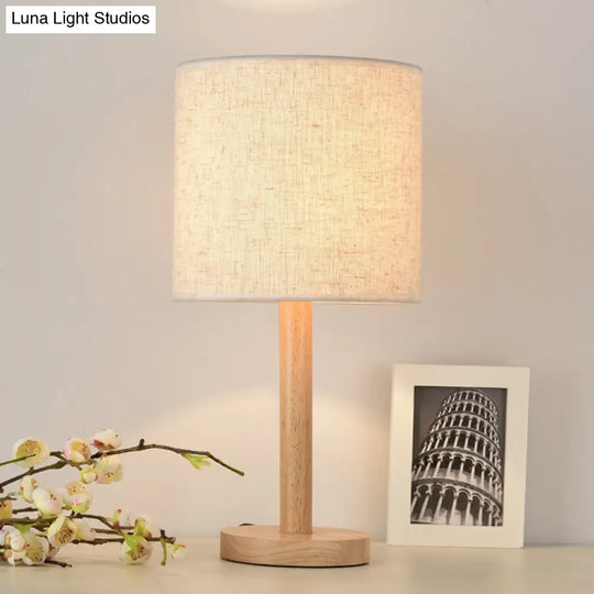 Modern Geometric Fabric Table Lamp With Wooden Base - Single White Nightstand Light