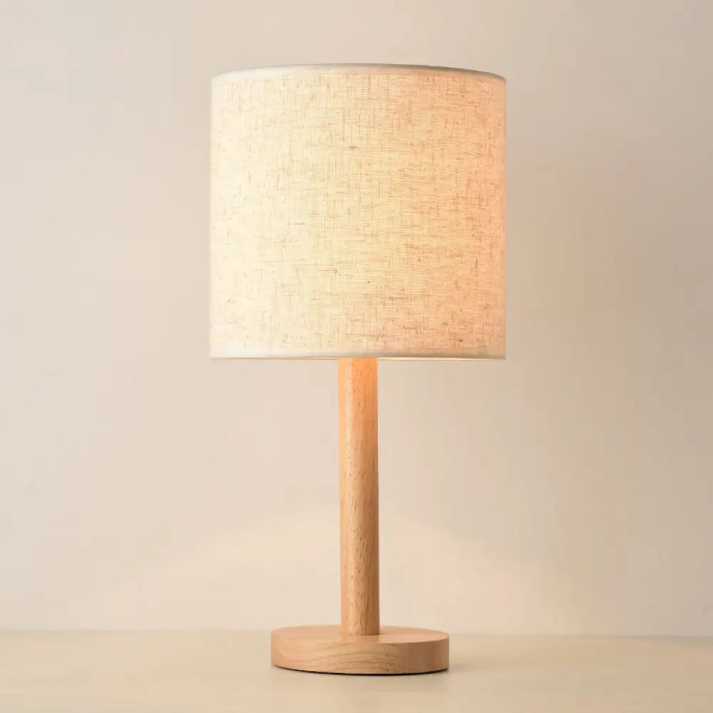 Modern Geometric Fabric Table Lamp With Wooden Base - Single White Nightstand Light / Cylinder