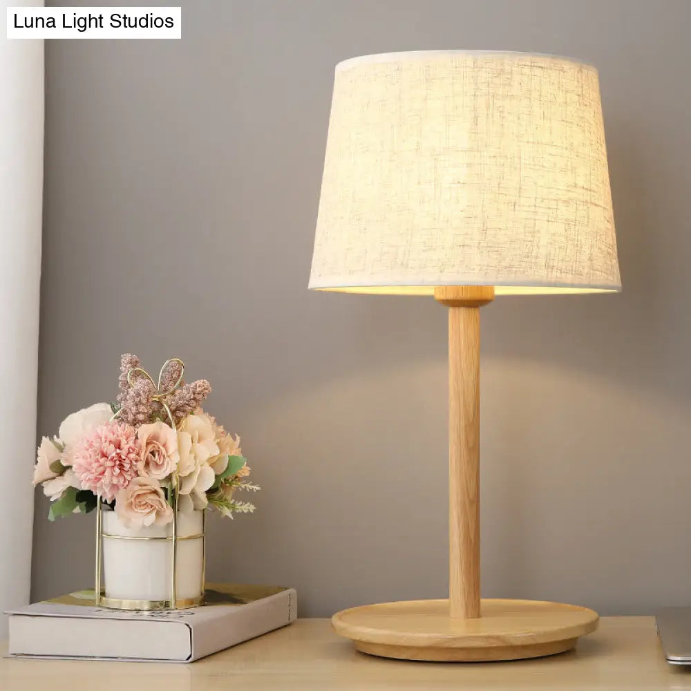 Modern Geometric Fabric Table Light With Single Wood Nightstand Base In Beige - Perfect For Bedroom