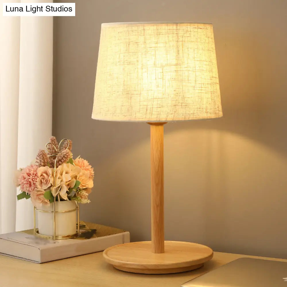 Modern Geometric Fabric Table Light With Single Wood Nightstand Base In Beige - Perfect For Bedroom