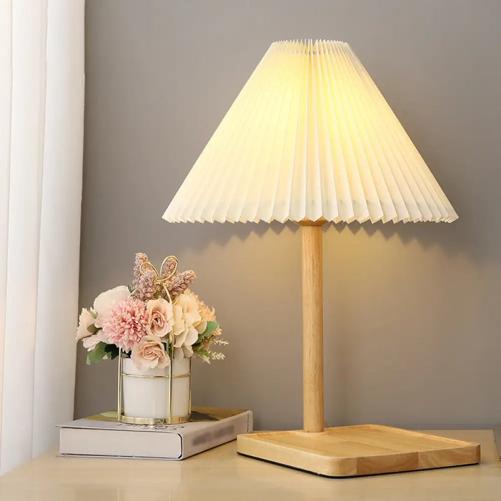 Modern Geometric Fabric Table Light With Single Wood Nightstand Base In Beige - Perfect For Bedroom