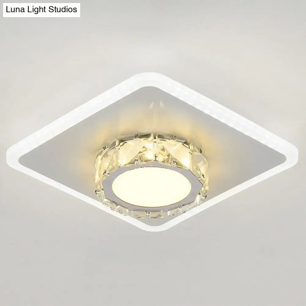 Modern Geometric Flush Ceiling Light With Crystal Detail - Led Hallway Lighting Fixture White /