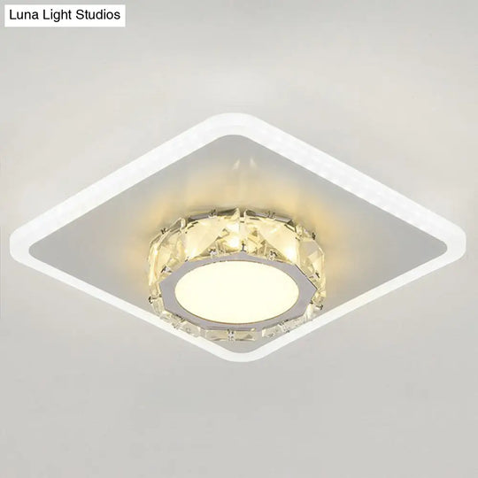 Modern Geometric Flush Ceiling Light With Crystal Detail - Led Hallway Lighting Fixture White /