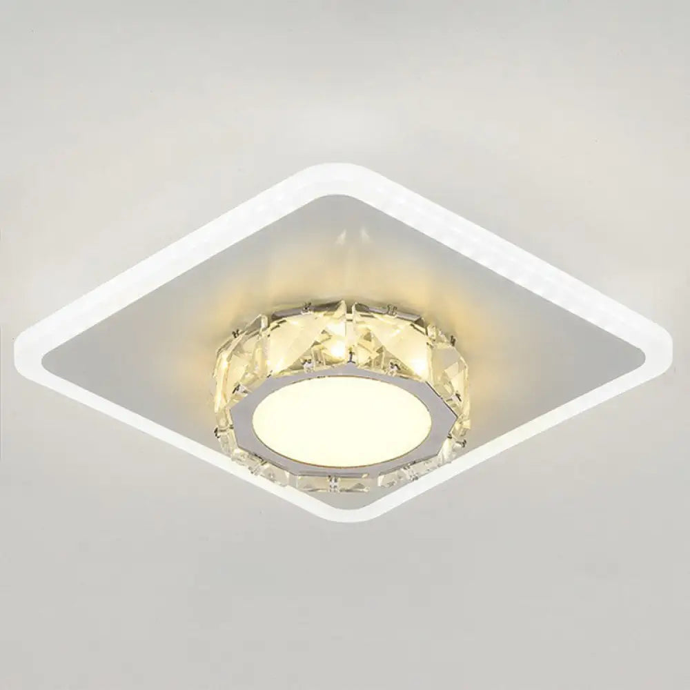 Modern Geometric Flush Ceiling Light With Crystal Detail - Led Hallway Lighting Fixture White /