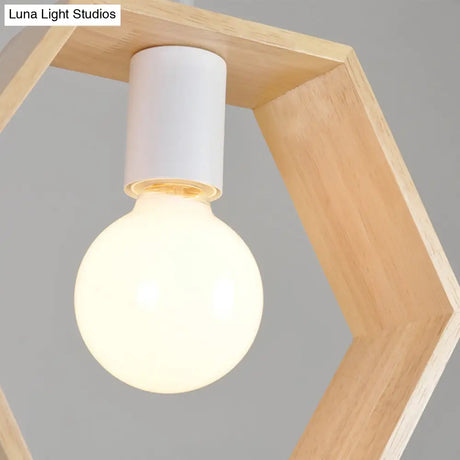 Modern Geometric Pendant Light With Wooden Frame - Single-Bulb Suspension Fixture