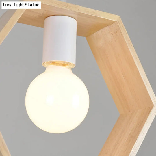 Modern Geometric Pendant Light With Wooden Frame - Single-Bulb Suspension Fixture