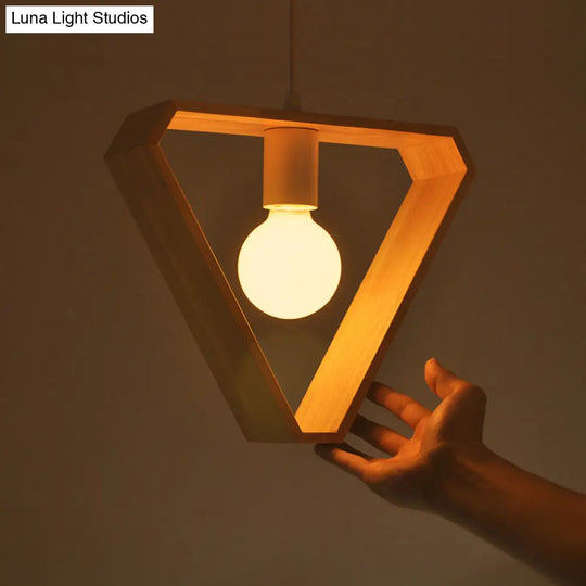 Modern Geometric Pendant Light With Wooden Frame - Single-Bulb Suspension Fixture