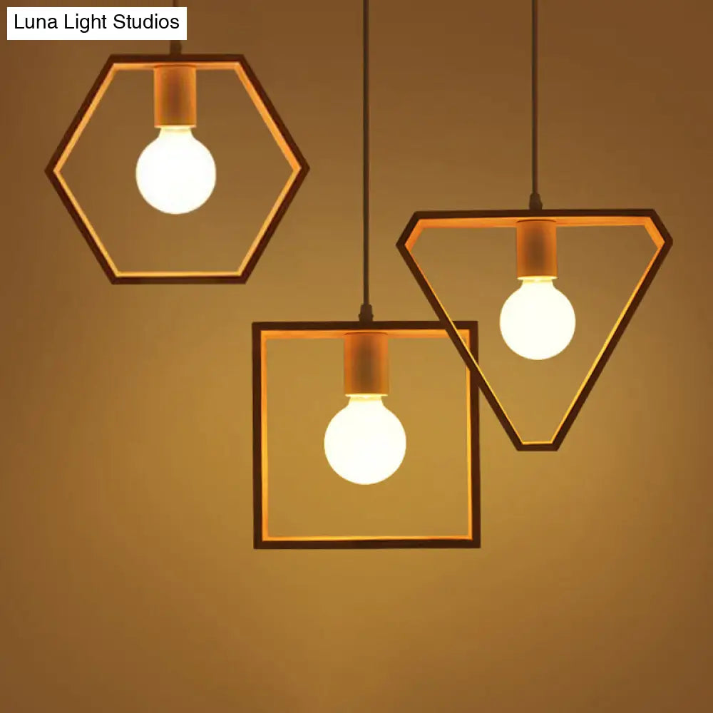 Modern Geometric Pendant Light With Wooden Frame - Single-Bulb Suspension Fixture