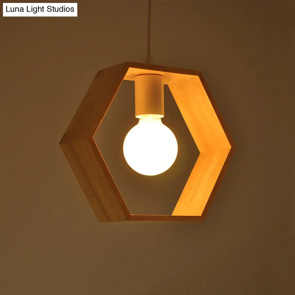 Modern Geometric Pendant Light With Wooden Frame - Single-Bulb Suspension Fixture