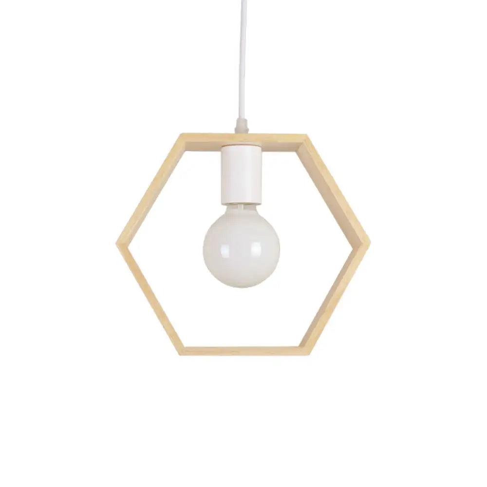 Modern Geometric Pendant Light With Wooden Frame - Single-Bulb Suspension Fixture Wood / Hexagon