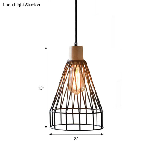 Modern Geometric Wire Cage Iron Pendant Lamp With Wooden Top - 12’/13’ H 1-Light Black Bedroom