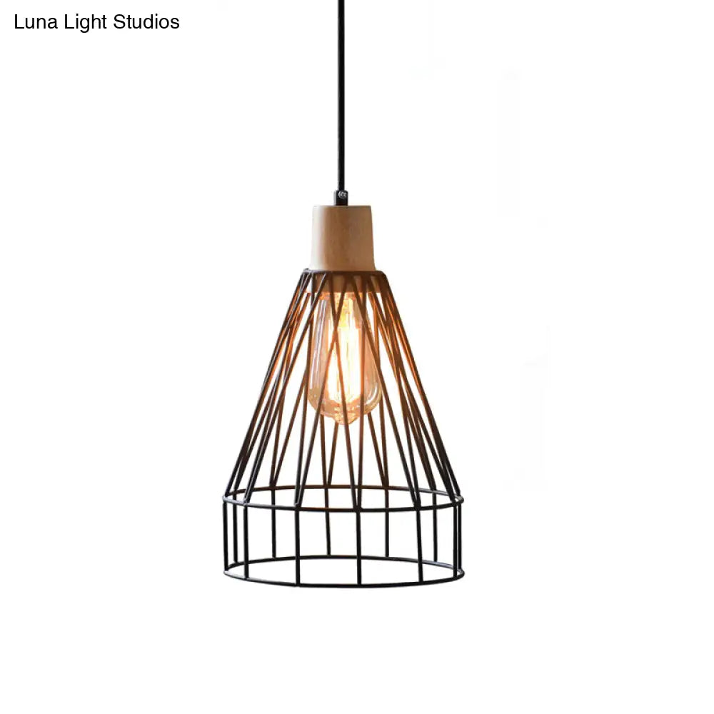 Modern Geometric Wire Cage Iron Pendant Lamp With Wooden Top - 12’/13’ H 1-Light Black Bedroom