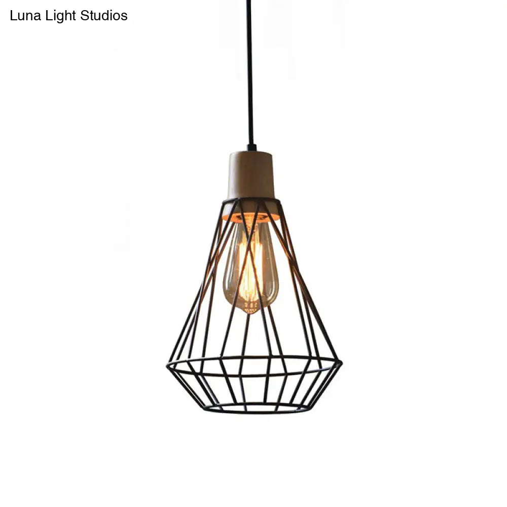 Modern Geometric Wire Cage Pendant Light With Wooden Top 1-Light Black