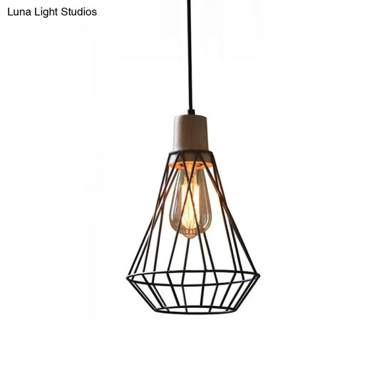 Modern Geometric Wire Cage Pendant Light With Wooden Top 1-Light Black