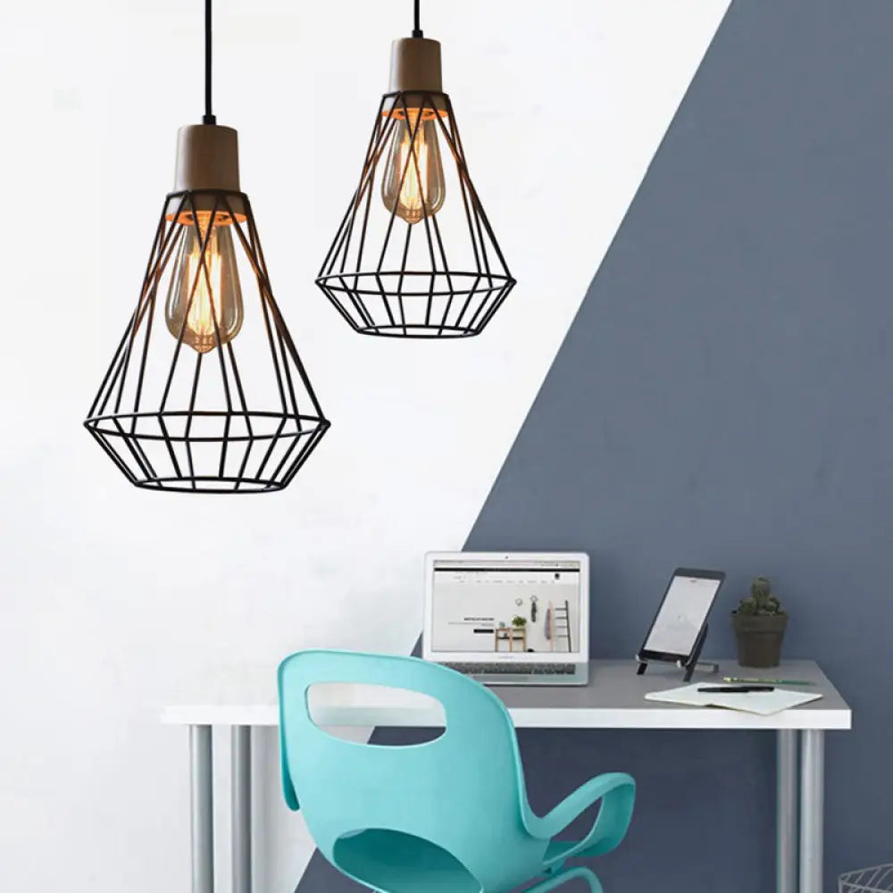 Modern Geometric Wire Cage Iron Pendant Lamp With Wooden Top - 12’/13’ H 1-Light Black Bedroom